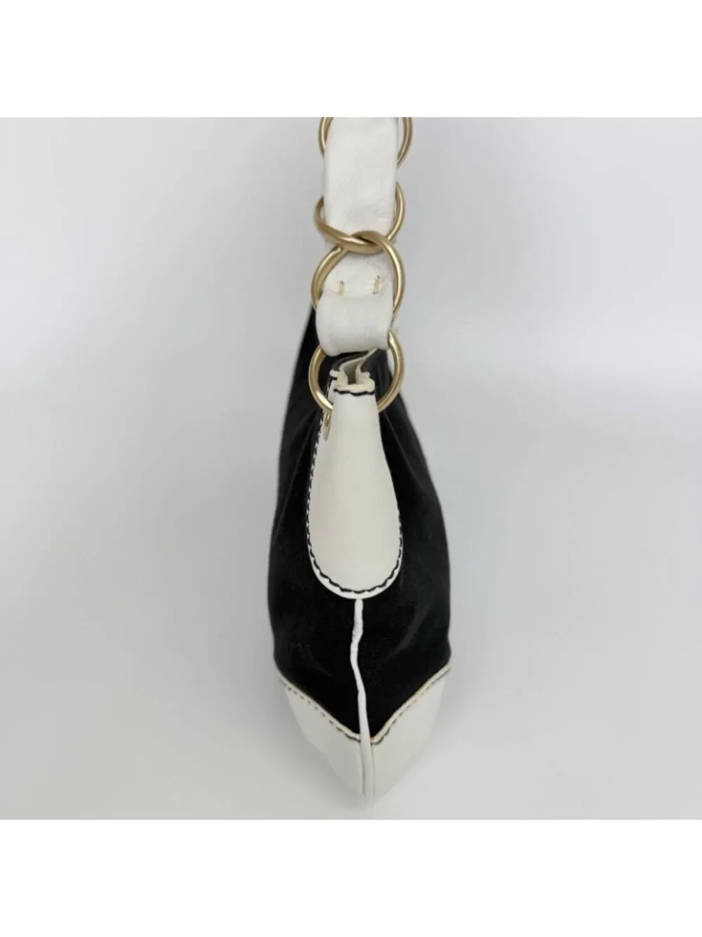 Chanel CC Logo Chain Shoulder Bag Canvas Leather Black White Gold Vintage